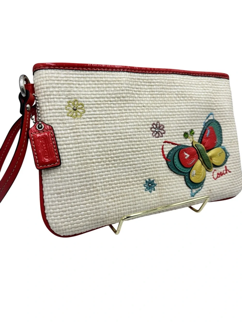 Coach Butterfly Straw Wristlet Pouch Appliqué Floral Embroidered Zip Clutch - Picture 4 of 10